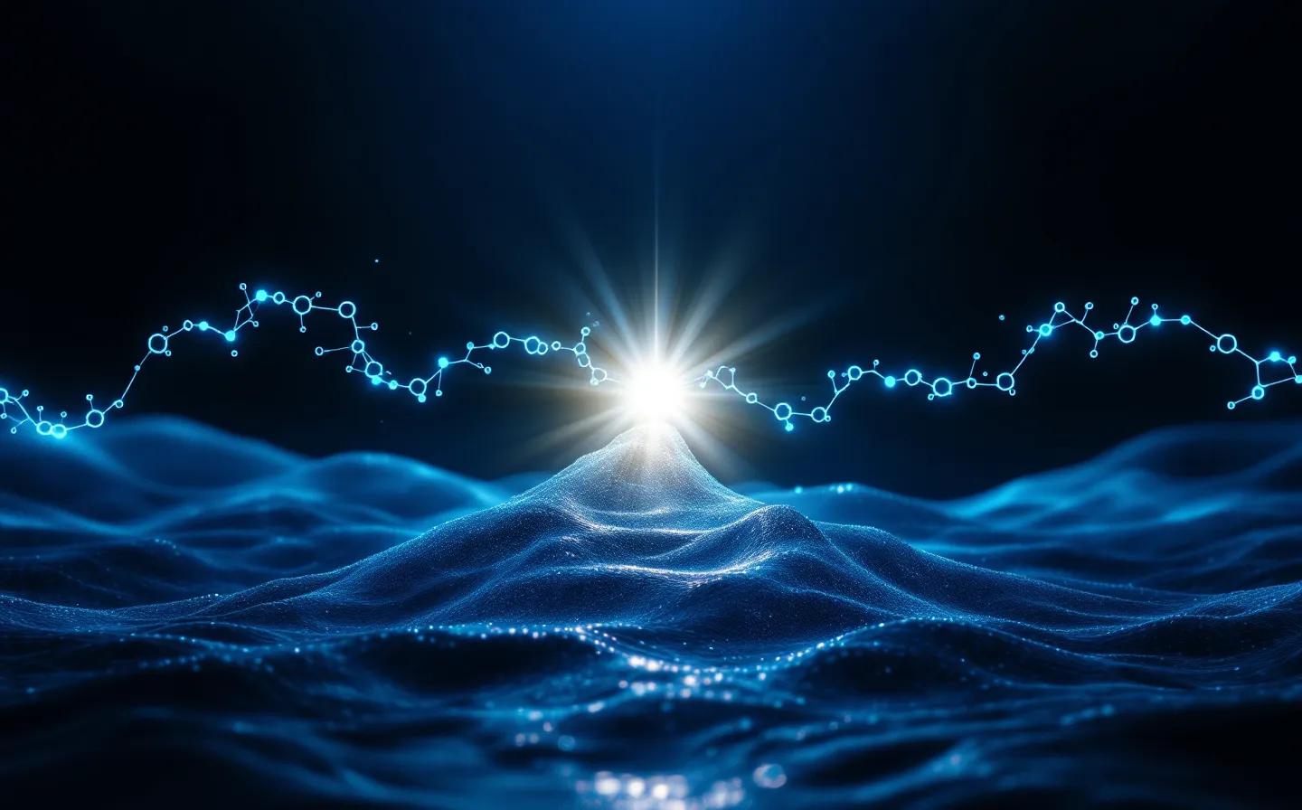 Two converging cobalt and ice-cyan peptide-chain currents merging into a central growth-hormone pulse on abyssal navy
